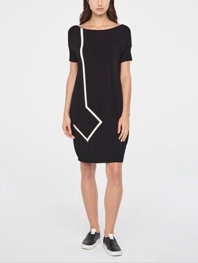 Sarah Pacini Black Dress with Cream Geometric Trim